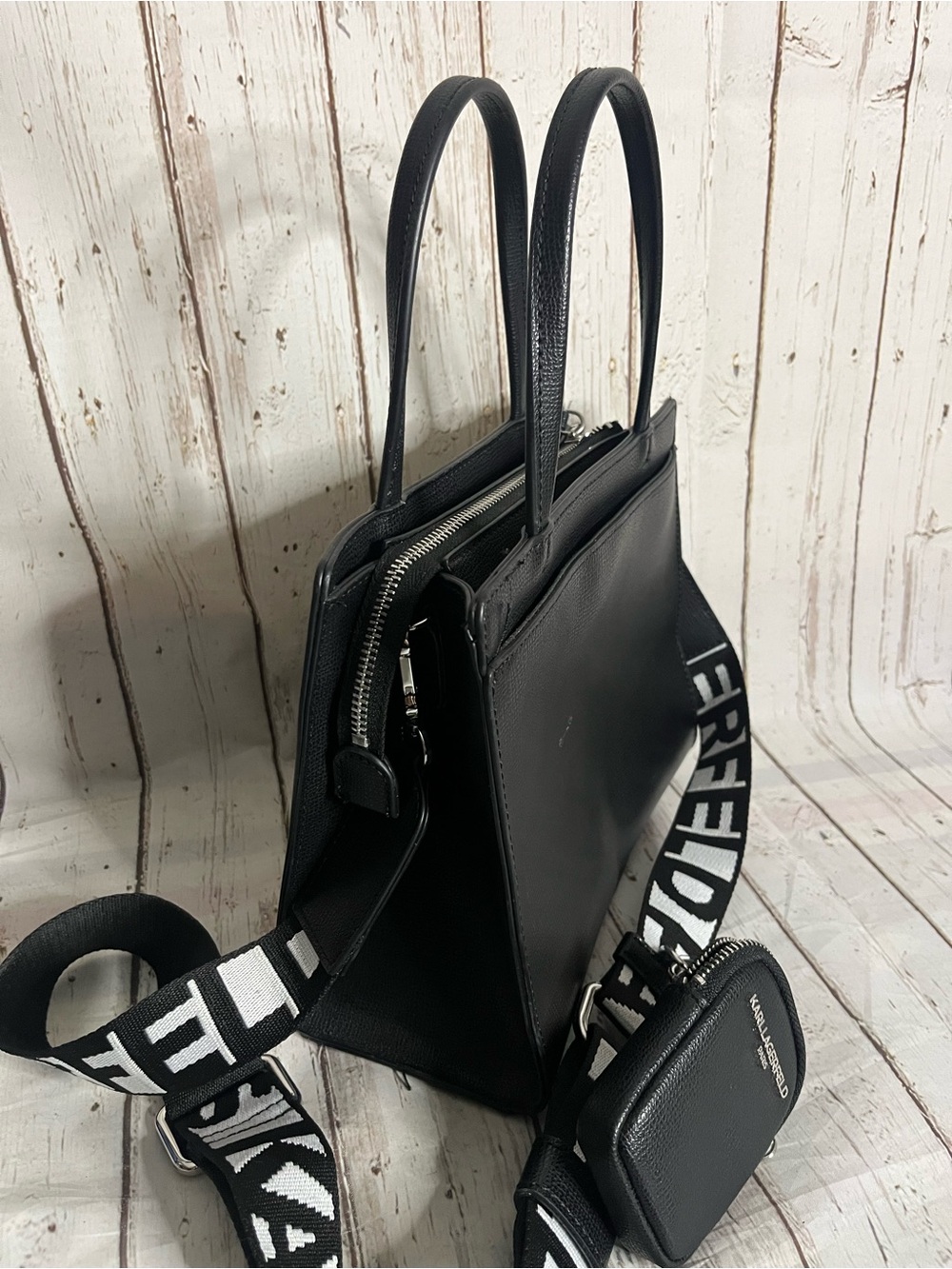 KARL LAGERFELD PARIS Black Pebbled Logo Tote Bag Zip Top Purse - Picture 3 of 14